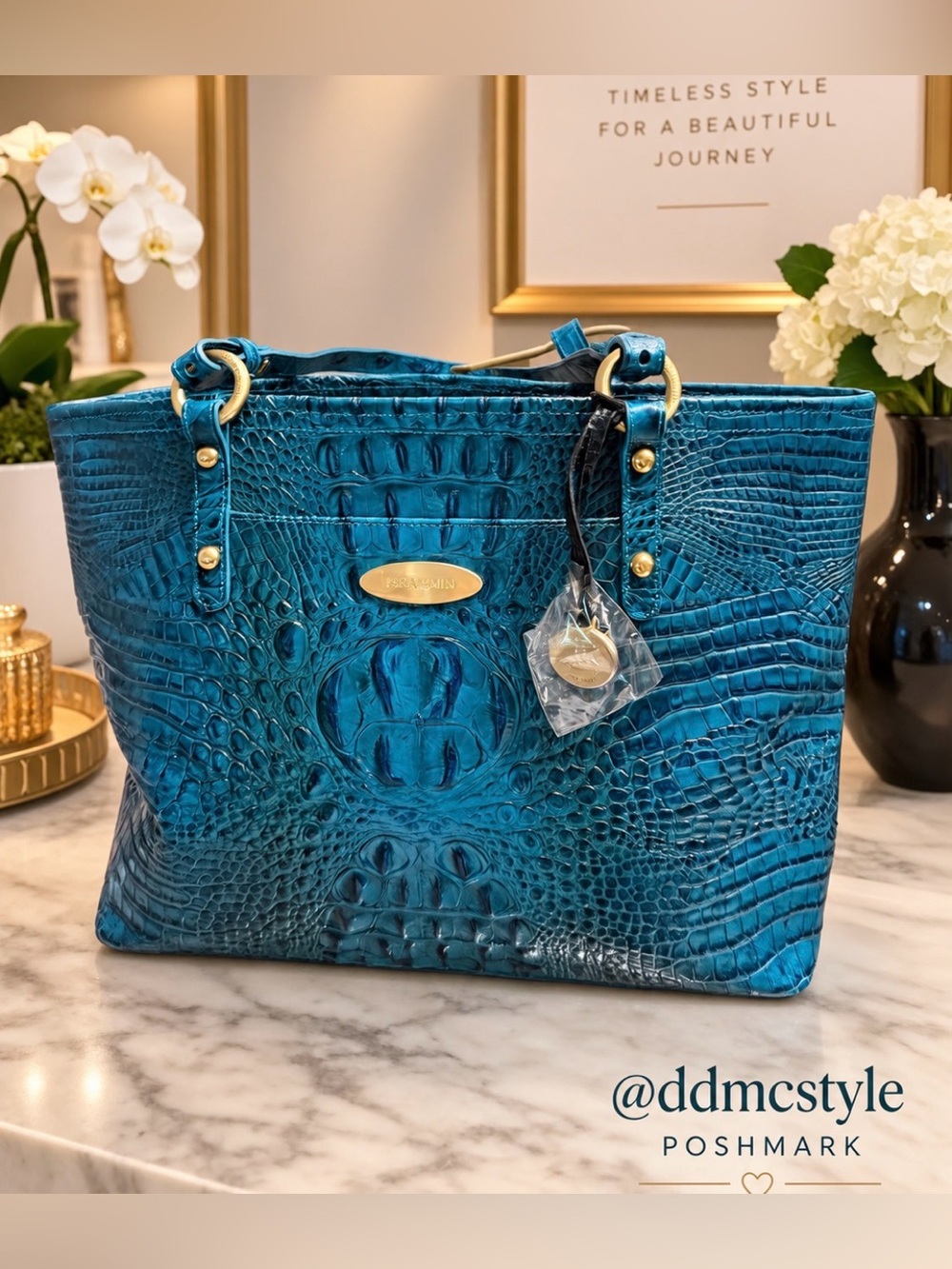 Brahmin Teal Croc-Embossed Leather Tote